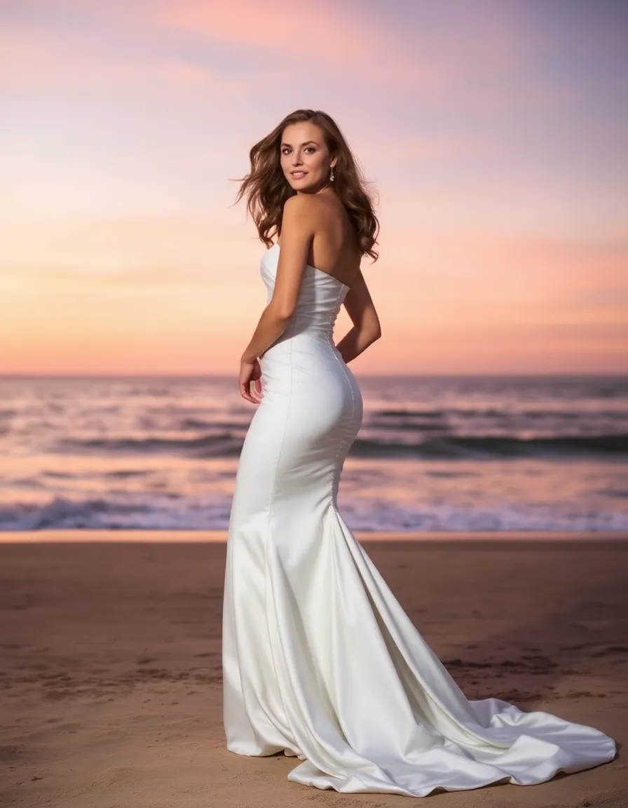 A bride in a fitted ivory satin mermaid gown posing on a beach at sunset, the train trailing behind her in the sand. The dress’s ruching highlights her waist, and the ocean breeze lifts her loose waves. The sky is painted in shades of pink and gold.