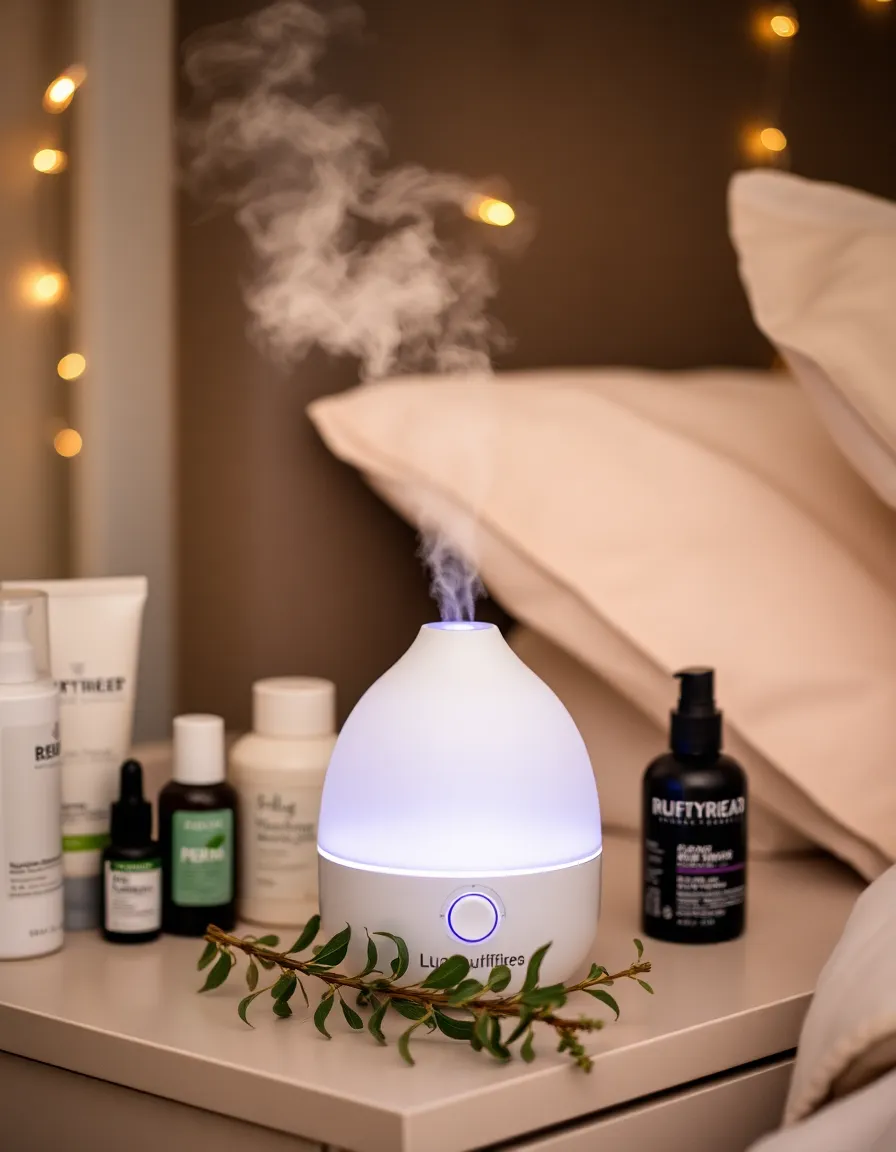 A sleek humidifier puffing out a gentle mist on a nightstand, surrounded by skincare products and a few sprigs of eucalyptus. The room is cozy, with fairy lights draped in the background.