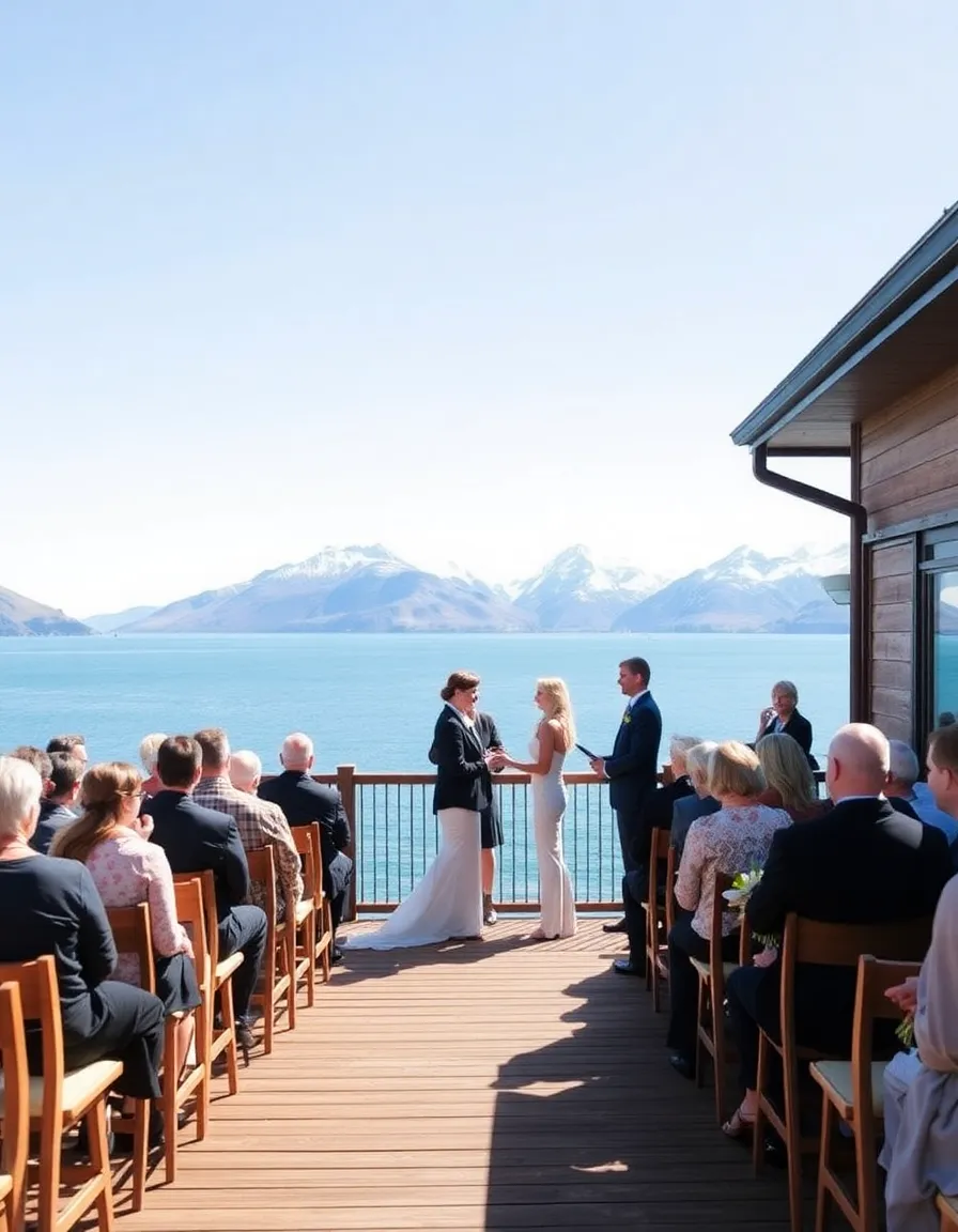 A wooden deck at Matakauri Lodge, with a couple exchanging vows in front of a small gathering. Lake Wakatipu is a deep blue behind them, and the snow-capped Remarkables mountains rise in the distance under a clear sky.