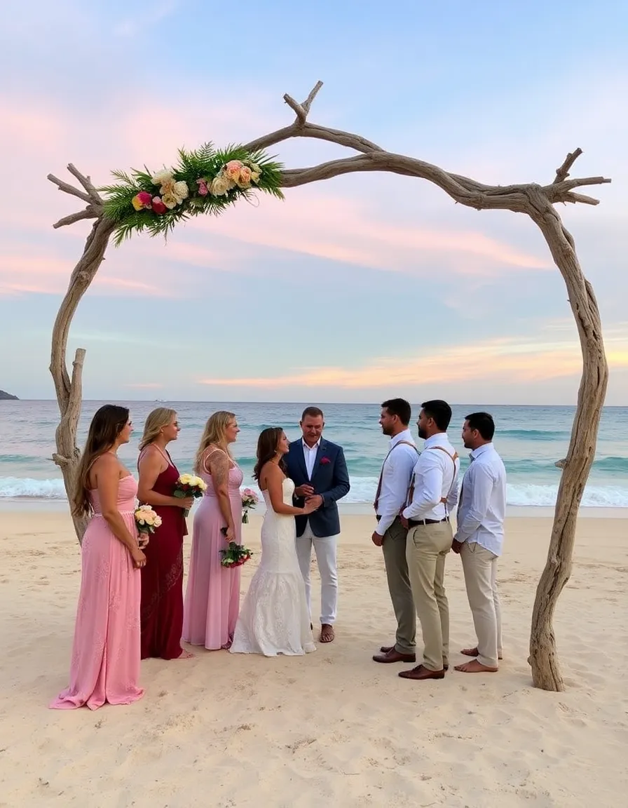 A small wedding party gathered on a secluded beach at Islas Secas, with a driftwood arch adorned with local flowers. The ocean stretches endlessly behind them, and the sky is streaked with the colors of sunset.