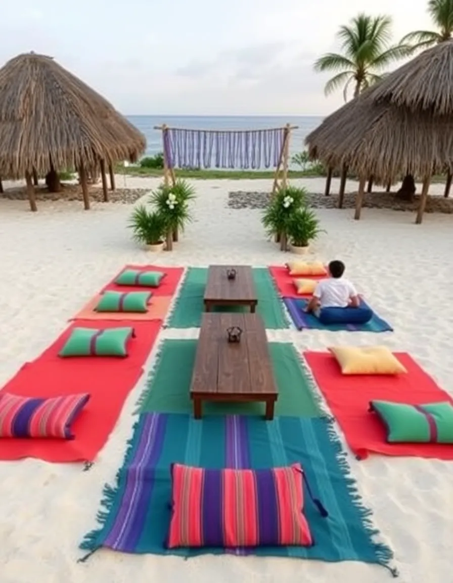 Large, colorful beach blankets spread over the sand, topped with floor cushions and low wooden tables. Guests lounge comfortably as the ceremony begins under a bamboo arch.