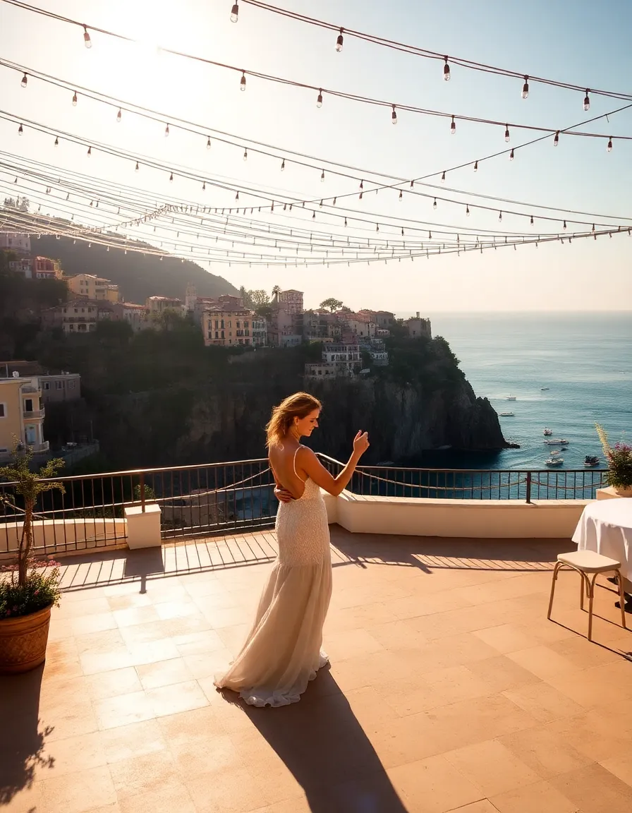 A sun-drenched terrace at Hotel Porto Roca, with a couple sharing their first dance under a canopy of string lights. The cliffs of Cinque Terre drop sharply to the sea below, and colorful fishing boats dot the water in the distance.