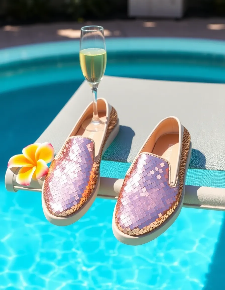 Rose gold sequin slip-ons placed on a lounge chair by the pool, with a champagne flute and a tropical flower beside them. The sequins shimmer under the sunlight, casting tiny reflections on the ground.