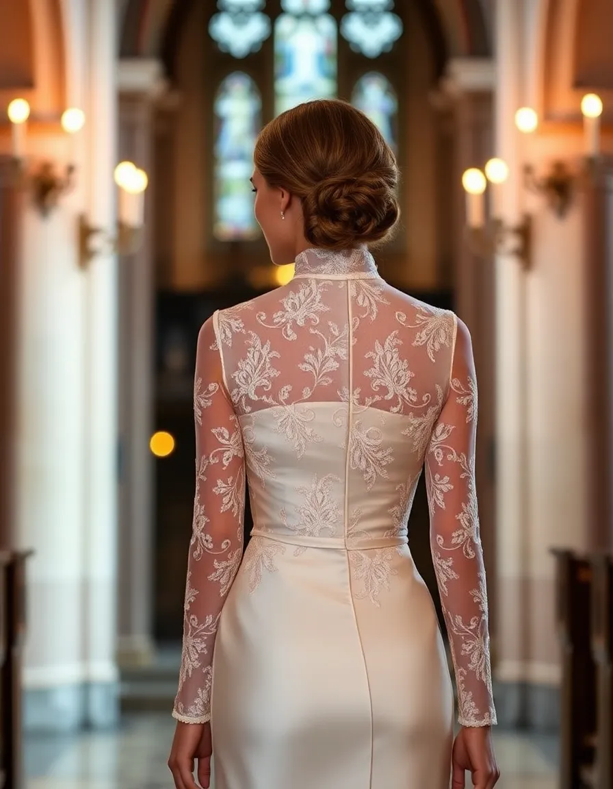 A bride in a high-neck silk gown with long, sheer sleeves and intricate lace detailing, standing in a candlelit cathedral. The dress has a fitted silhouette with a slight train, and her hair is styled in a low chignon.