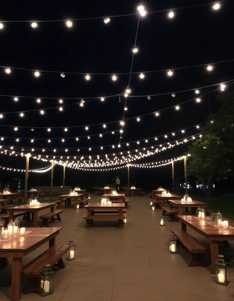 A dreamy outdoor reception space at night, illuminated by hundreds of string lights crisscrossing overhead. Wooden tables are lit by flickering candles, and delicate lanterns line the pathways.