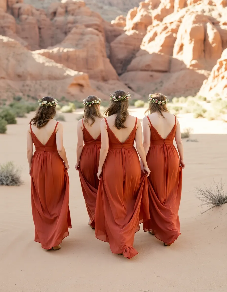 Bridesmaids in flowing terracotta dresses walking through a sun-drenched desert canyon, their skirts lightly brushing the sand. The dresses have subtle embroidery or lace details, and their hair is loose with wildflower crowns. The warm tones of the landscape complement their outfits perfectly.