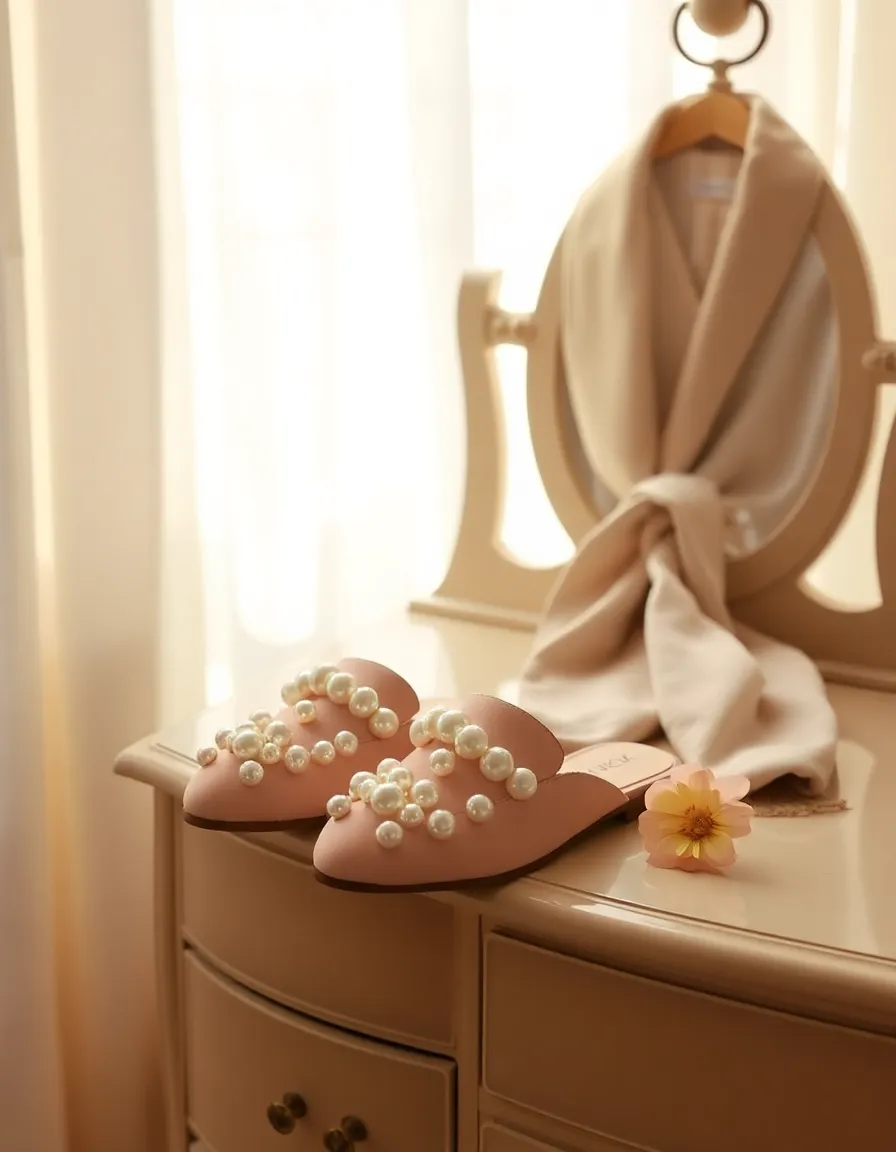 Pearl-detailed mules resting on a vintage-style vanity with a silk robe and a single fresh flower beside them. Soft morning light filters through sheer curtains, highlighting the pearls’ iridescence.