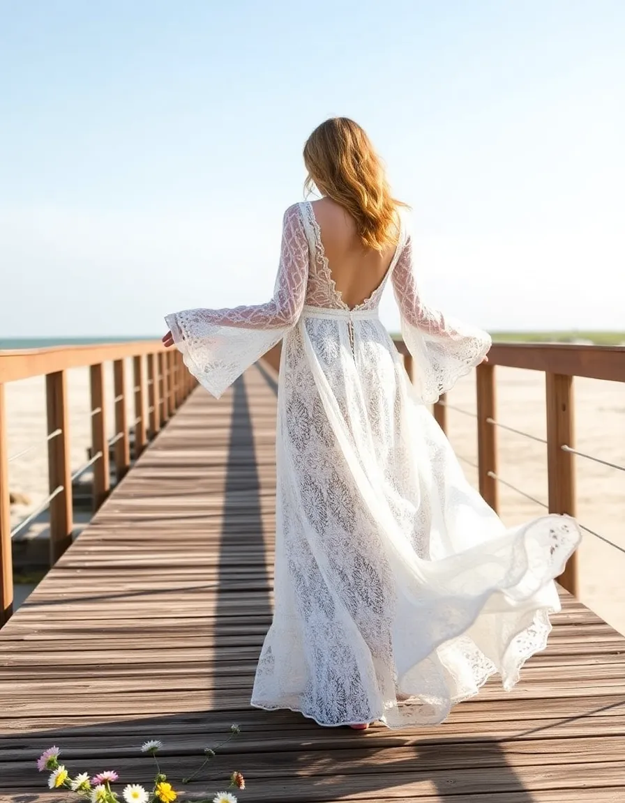 A bride in a boho lace maxi dress with long, bell sleeves and an open back, standing barefoot on a wooden beach pier. The dress flows around her as she twirls, with the lace details catching the sunlight. Wildflowers are scattered at her feet.