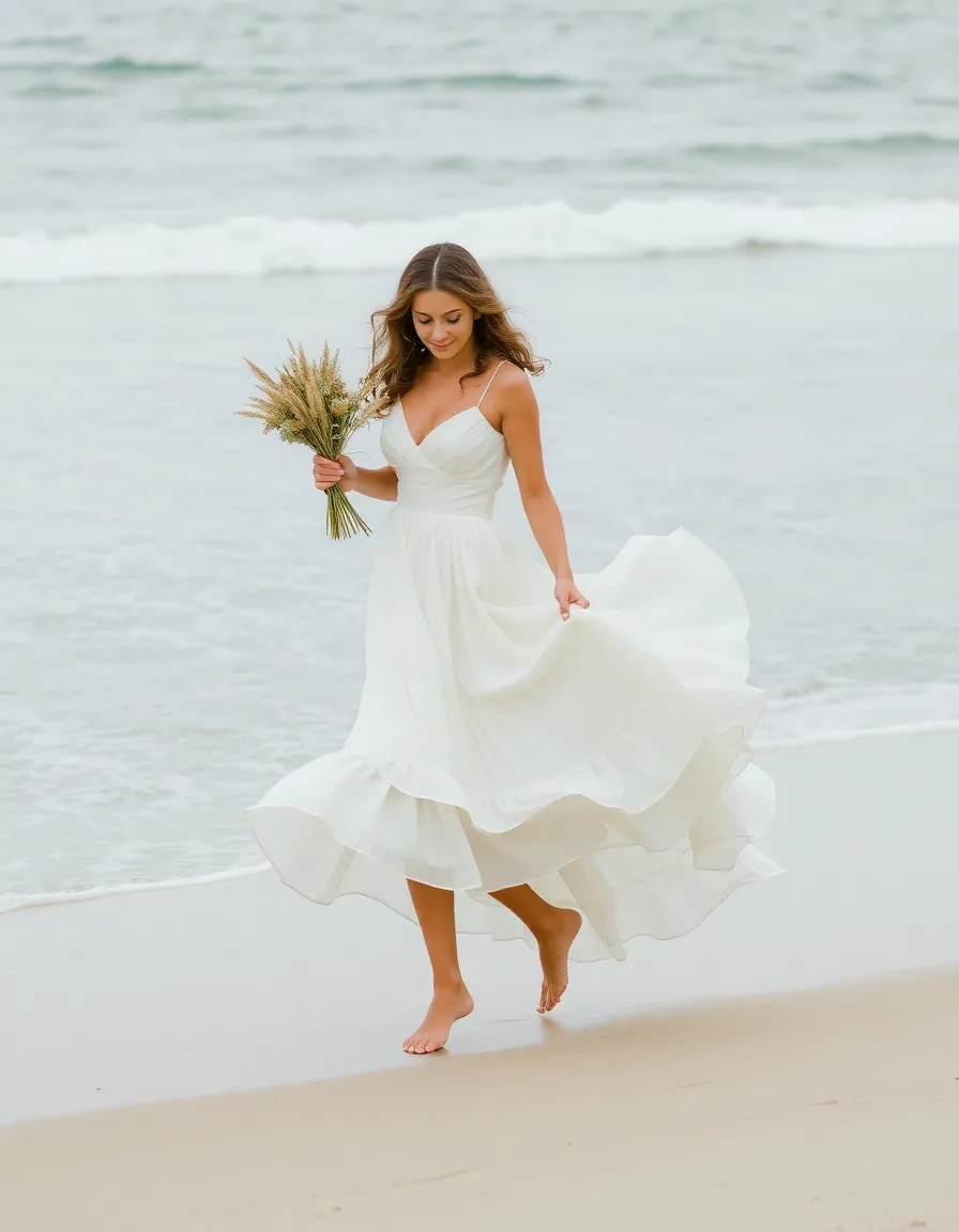 A bride in a tiered ivory satin gown walking barefoot along a shoreline, the tiers of her skirt swaying with each step. Her hair is in loose beach waves, and she carries a bouquet of dried grasses. The ocean waves gently lap at the sand behind her.