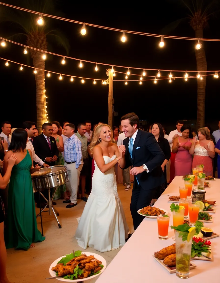 A lively beachside reception at Grand Palladium, with guests dancing under string lights. A steel drum band plays near a long table filled with jerk chicken and tropical cocktails. The bride and groom are mid-dance, laughing.