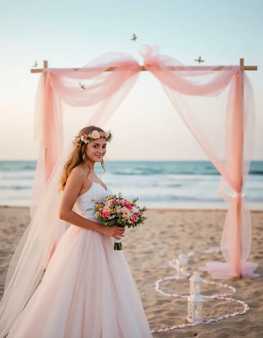 A whimsical beach wedding with a blush pink tulle arch adorned with fairy lights and butterflies. The bride wears a pastel pink boho gown and a flower crown, holding a bouquet of delicate wildflowers. The aisle is lined with tiny lanterns leading to the ocean at golden hour.