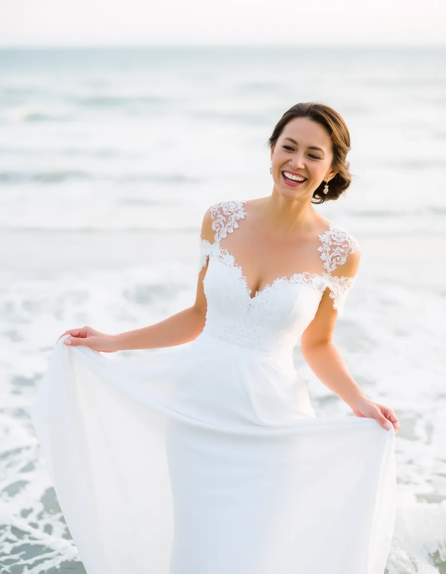 A bride in a cold-shoulder gown laughing as she holds her skirt above the waves. The lace sleeves frame her shoulders beautifully, and the ocean backdrop adds to the carefree vibe.