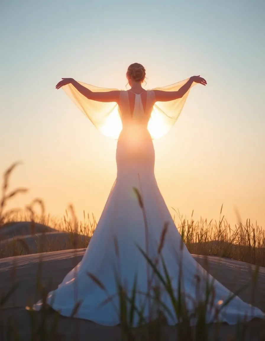 A bride standing atop a dune in a cape-back gown, the sheer fabric billowing behind her like wings. The setting sun casts a golden glow through the cape, creating a halo effect. Tall grasses sway in the foreground.