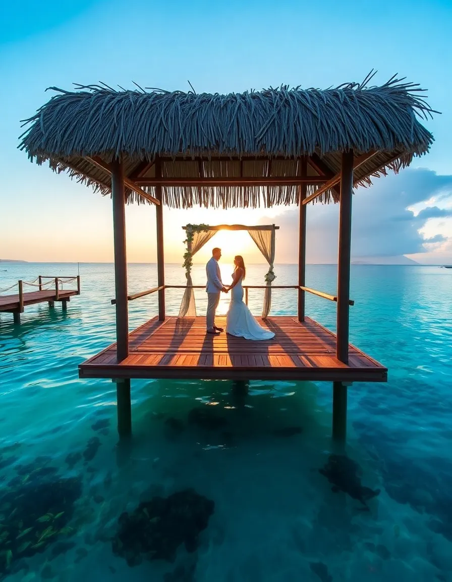 An overwater wedding ceremony on a private pontoon at Four Seasons Bora Bora, with the couple standing under a thatched-roof arch. The lagoon below is teeming with tropical fish, and the sun sets behind the couple, casting long shadows across the water.