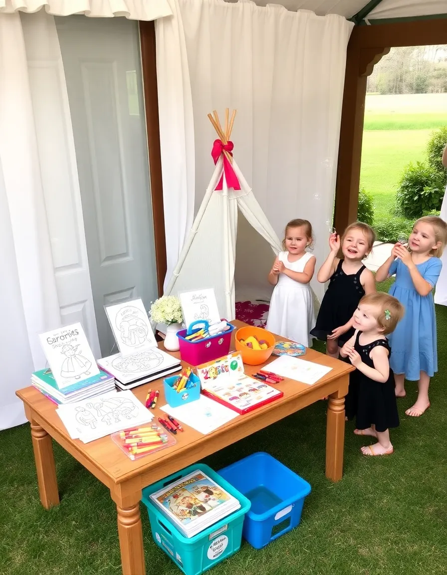 A cheerful kids’ corner at a wedding, with a low table covered in coloring books, crayons, and small toys. A teepee-style tent is set up nearby, and a few children are laughing as they blow bubbles.