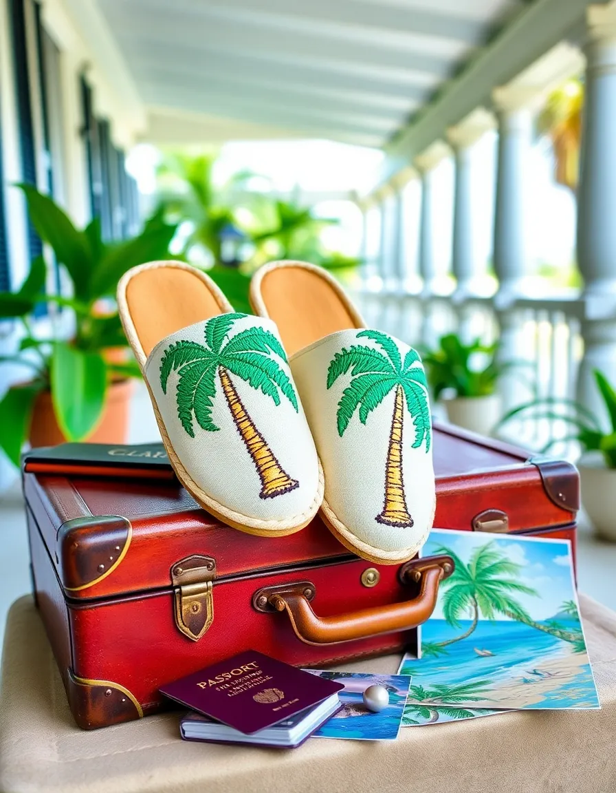 Embroidered slippers with whimsical palm tree designs, placed on a vintage travel trunk with a passport and a tropical postcard nearby. The background mimics a breezy, tropical veranda.