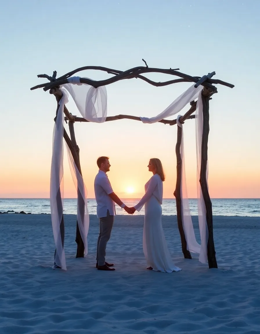 A minimalist beach ceremony at COMO Parrot Cay, with a driftwood arch draped in sheer white fabric. The couple holds hands as the sun dips below the horizon, and the first stars appear in the twilight sky.