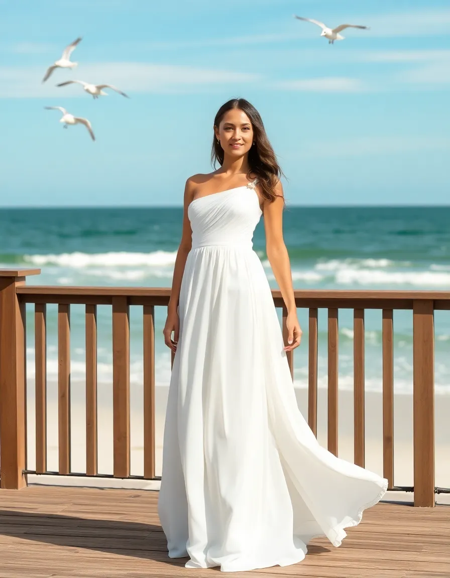 A bride in a one-shoulder flowy wedding dress with a draped neckline, standing on a wooden beach deck. The single strap is adorned with a small pearl detail, and the skirt flows around her legs. The ocean is visible in the distance, with seagulls flying overhead.