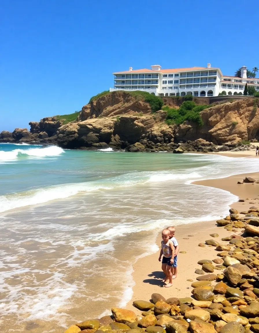 A sunny day at Salt Creek Beach, with the Ritz-Carlton perched on the cliff above. Turquoise waves break near the shore, and a family explores the tide pools in the foreground.