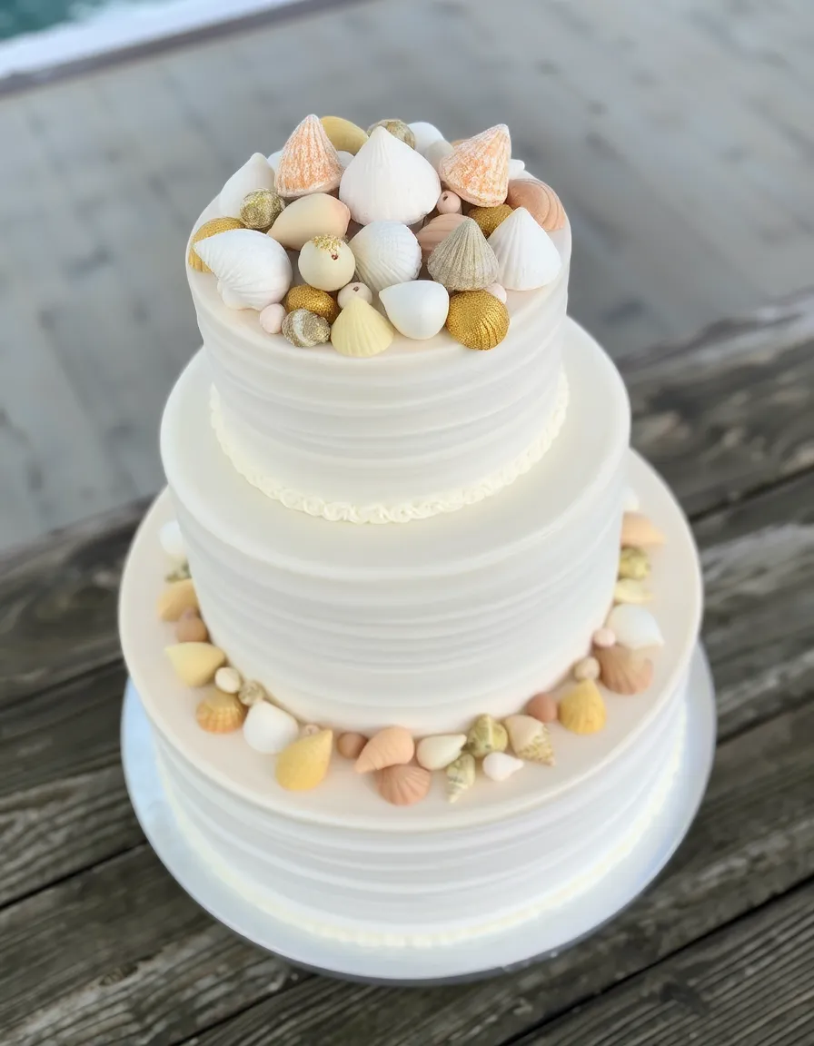 A three-tiered white wedding cake adorned with a delicate arrangement of real and sugar seashells. Some shells are dusted with edible gold, while others are left natural. The cake sits on a weathered wooden table with a glimpse of the ocean in the background.