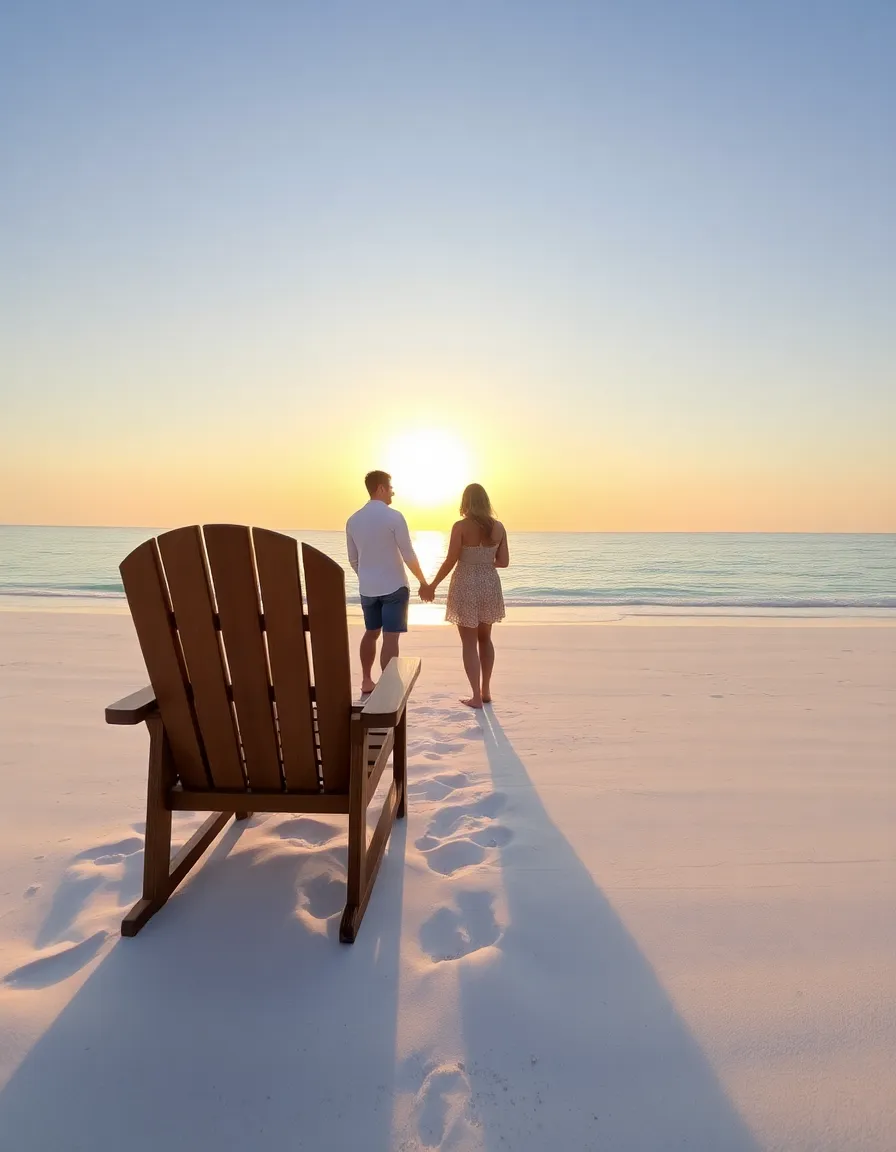 A pristine stretch of white sand beach with a few wooden chairs facing the ocean. A couple stands barefoot in the sand, holding hands as the sun sets behind them. The water is calm and crystal-clear, reflecting the golden hues of the sky.