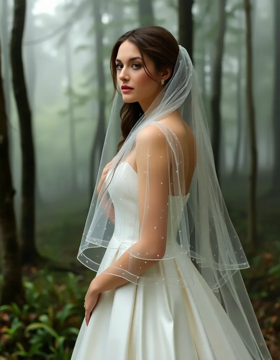 A bride in a silk gown with a sheer tulle overlay dotted with tiny pearls, standing in a misty forest. The overlay catches the light, creating a soft, ethereal glow.