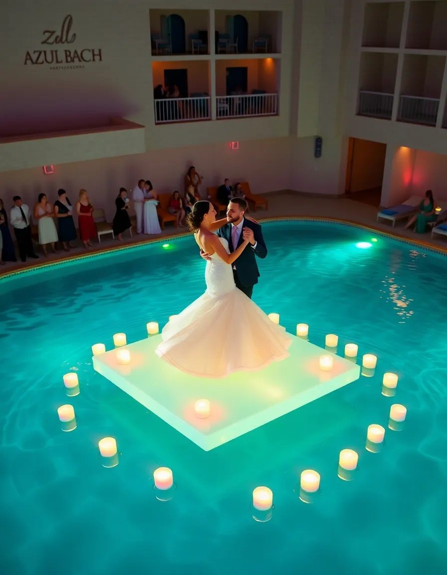 A couple dancing on a floating platform in Azul Beach’s pool, surrounded by floating candles. Guests watch from the pool’s edge, holding colorful cocktails. The bride’s dress floats around her as she spins.