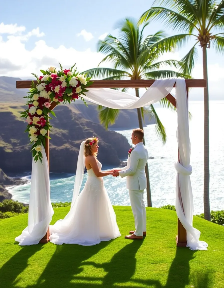A lush green cliff at Montage Kapalua Bay, with a couple exchanging vows under a wooden arch draped in white fabric and tropical flowers. The Pacific Ocean glitters in the background, and palm trees sway in the breeze.