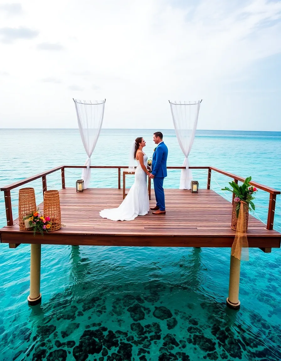 A couple standing on the overwater wedding deck at Six Senses Laamu, with the Indian Ocean stretching to the horizon. The deck is decorated with woven lanterns and tropical flowers, and the water below is so clear you can see the coral reef.