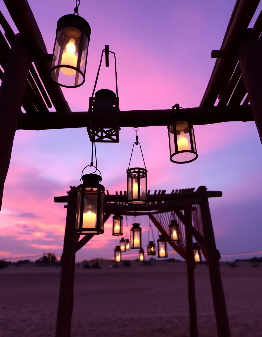 A wooden arch with hanging lanterns in various sizes, some lit with flickering candles. The sky is painted in shades of pink and purple as the sun sets, and the sand glows softly under the lantern light.