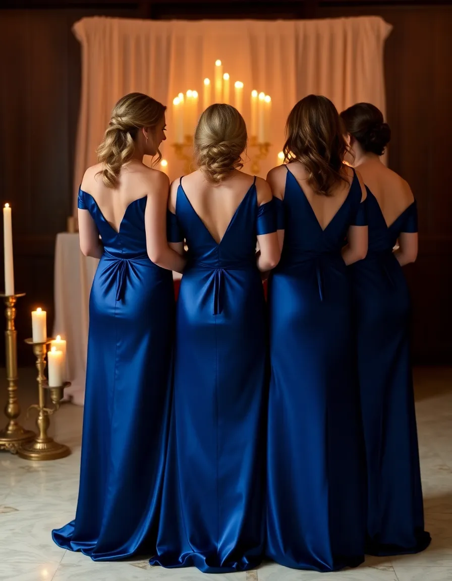 Bridesmaids in deep sapphire blue satin dresses standing near a candlelit altar. The fabric shimmers under the soft lighting, creating a luxurious, cinematic feel.