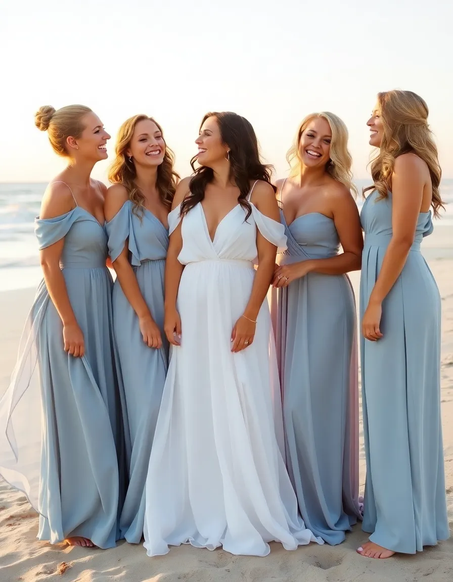 A group of bridesmaids in varying shades of dusty blue—some in flowy chiffon, others in sleek satin—laughing together on a beach at sunset. The dresses catch the golden light, creating a dreamy, ethereal effect.