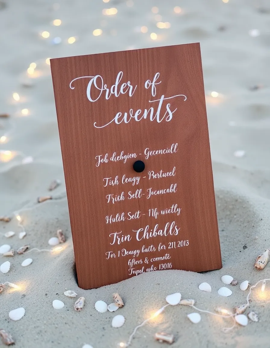 A rustic wooden wedding program sign placed in the sand, surrounded by small seashells and twinkling fairy lights. The sign reads “Order of Events” in elegant calligraphy, with the details written below.