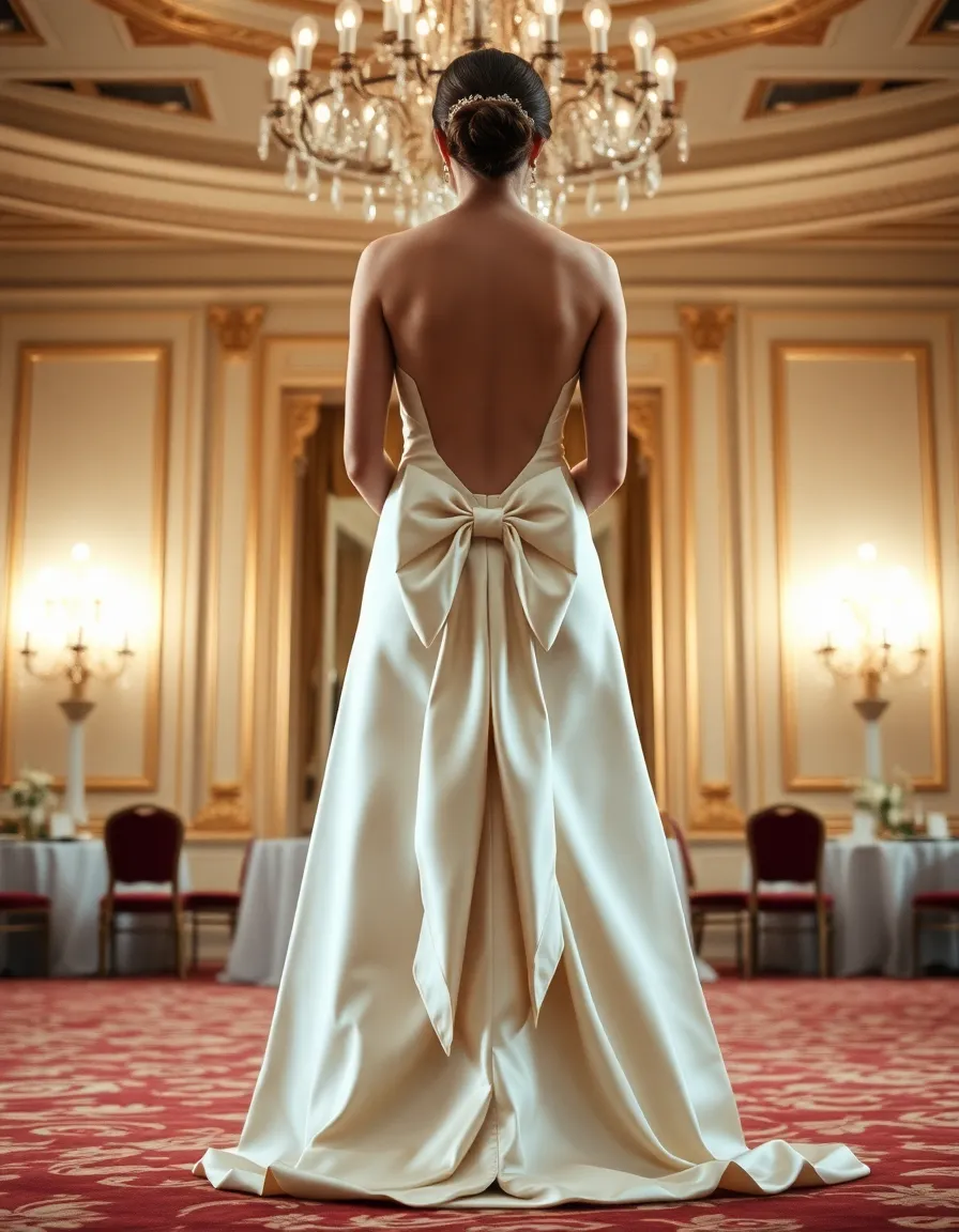A bride in a silk gown with an oversized bow at the lower back, standing in a grand ballroom. The bow’s tails cascade down the train, and the rest of the dress is simple to let the detail shine.