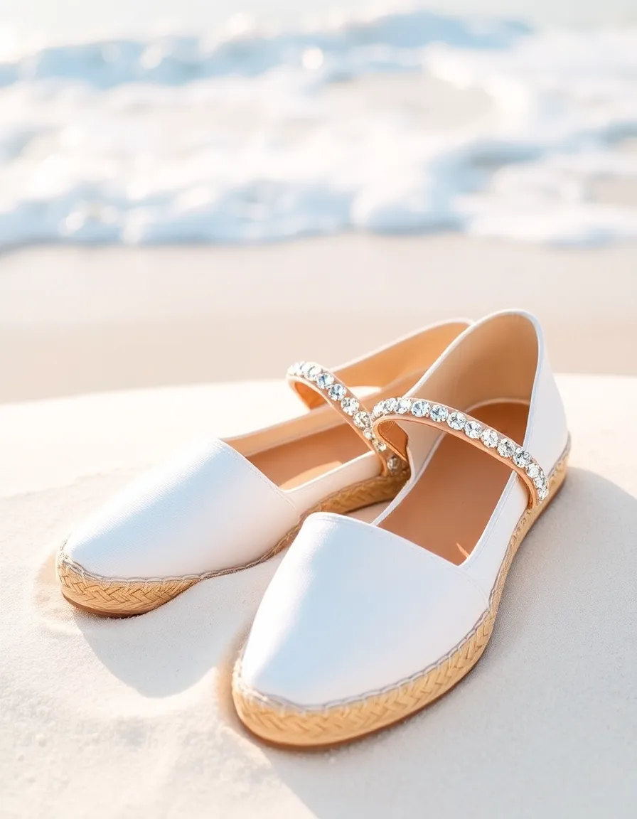White canvas espadrilles with crystal-encrusted straps, nestled in powdery white sand with a turquoise ocean wave crashing in the distance.