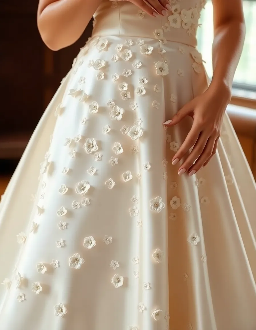 A close-up of a silk gown with delicate 3D floral appliqués scattered across the bodice and skirt. The bride’s hands are gently touching the flowers, and the background is softly blurred to highlight the texture.