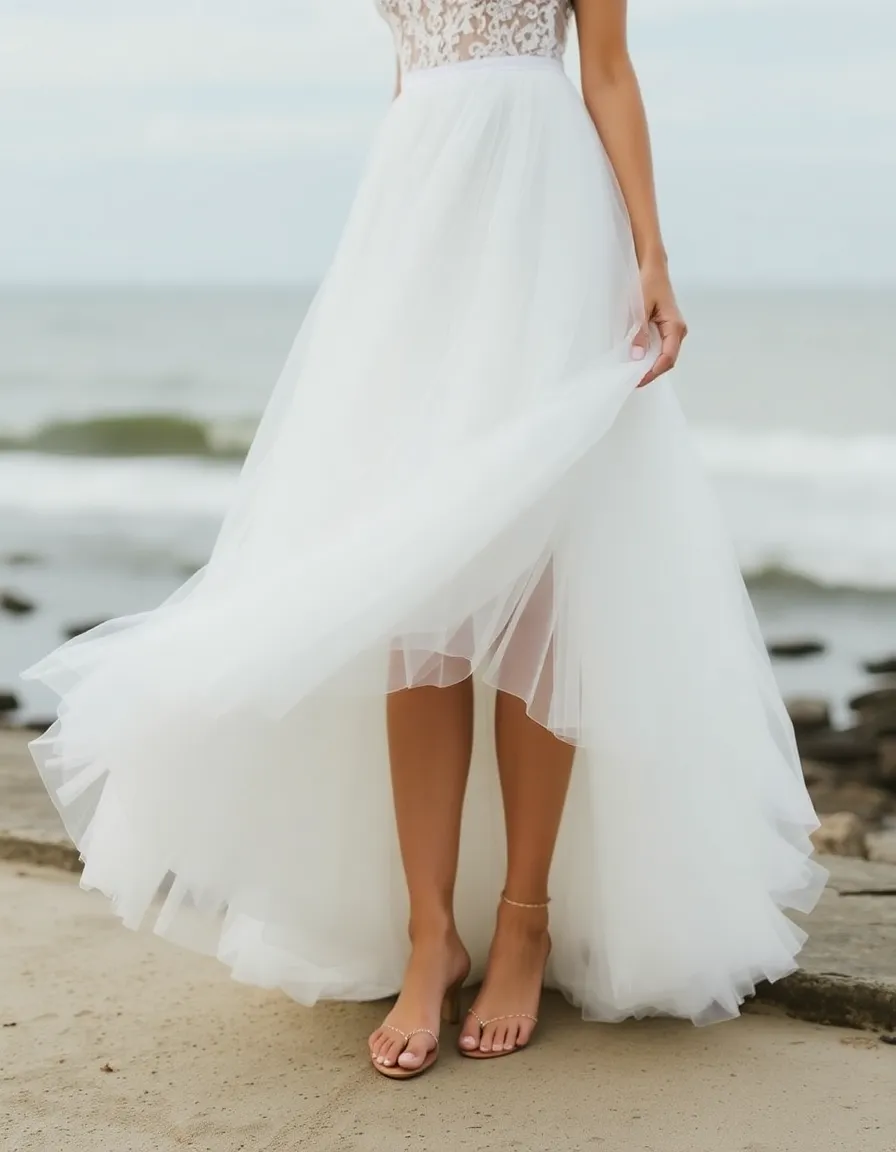 A bride in a flowing high-low wedding dress with layers of tulle, standing near the shoreline with the hem of the dress catching the wind. The front stops just above her ankles, revealing bare feet adorned with delicate anklets, while the back cascades into a soft train.
