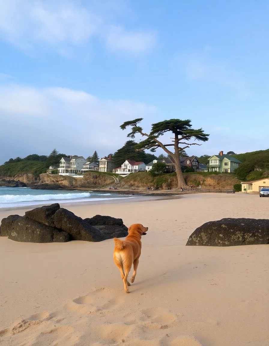 A cozy scene at Carmel Beach, with a golden retriever running toward the waves. The village’s fairytale cottages line the bluff, and a lone cypress tree leans dramatically over the sand.