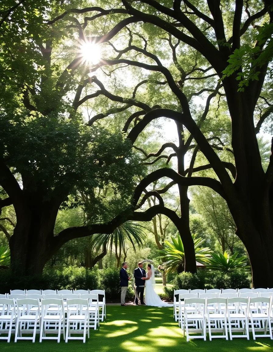 A lush garden ceremony setup under the shade of towering mahogany trees. White chairs face a simple floral arch, with sunlight filtering through the leaves. A couple exchanges vows as a gentle breeze rustles the surrounding foliage.