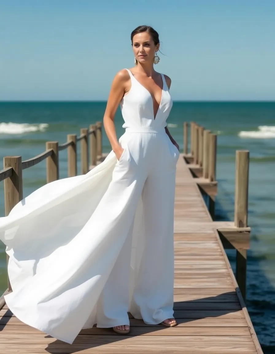 A confident bride in a white jumpsuit standing on a wooden pier, the ocean stretching behind her. The wide legs flow in the wind, and her bold earrings catch the sunlight.