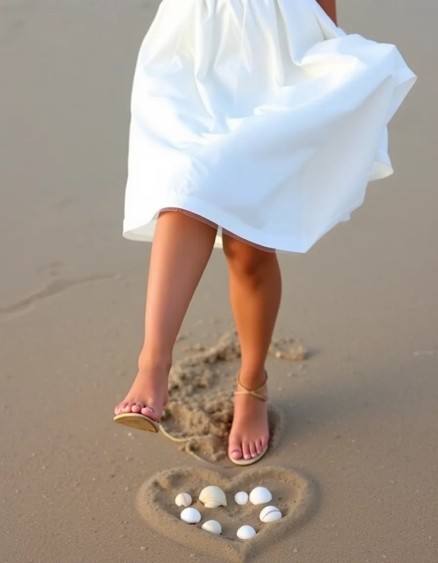 A bride kicking up sand in a tea-length A-line dress with a sweetheart neckline. The skirt flares slightly, revealing lace-up sandals beneath. A group of seashells sits near her feet, arranged in a heart shape.