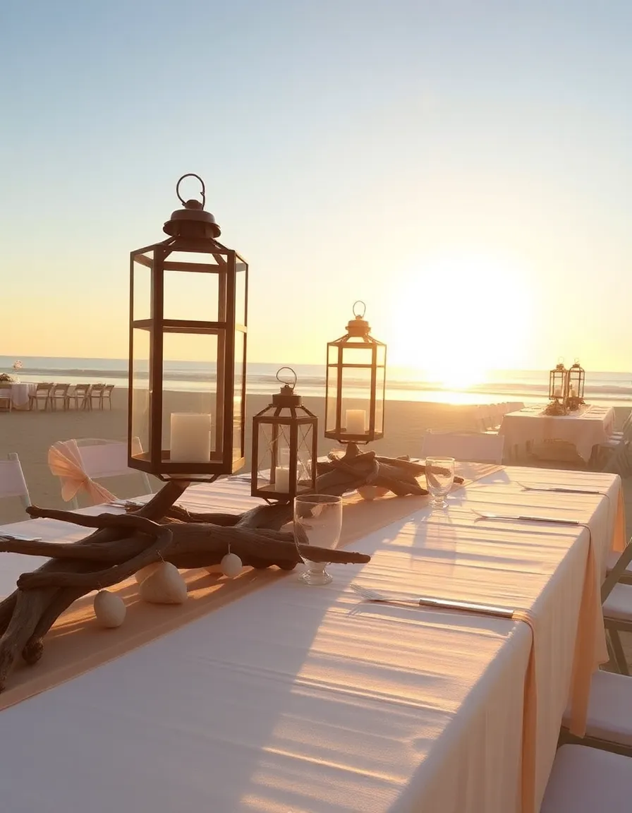 A beach wedding tablescape with driftwood centerpieces, lanterns anchored by smooth stones, and gauzy fabric tied securely to the table legs. The setting sun casts a golden glow over the scene.