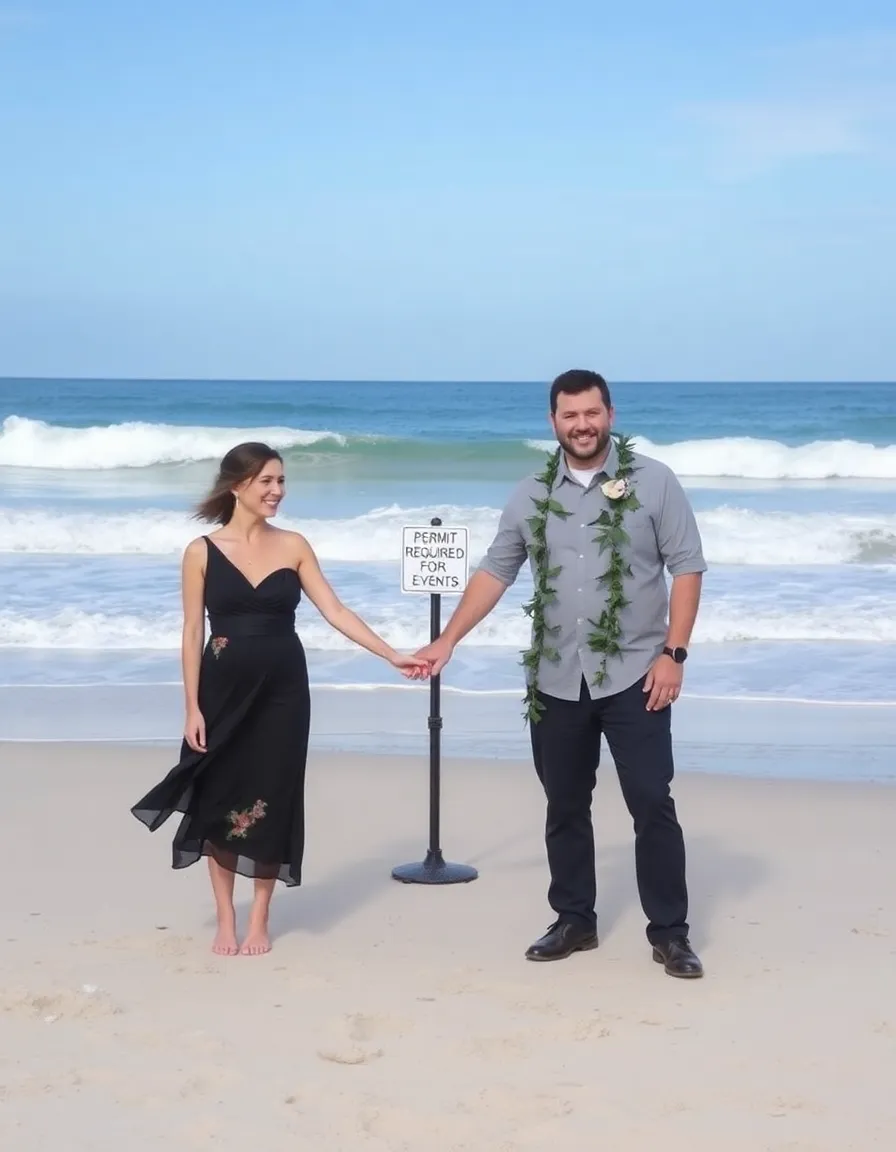 A couple holding hands on a pristine beach, with an officiant standing in front of them. In the background, a small sign reads, “Permit Required for Events.” The ocean waves are gently crashing behind them.