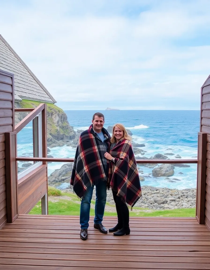 A couple standing on a wooden deck at Fogo Island Inn, with the Atlantic Ocean crashing against the rocks below. The inn’s striking geometric architecture frames the scene, and the couple is wrapped in blankets against the crisp coastal air.