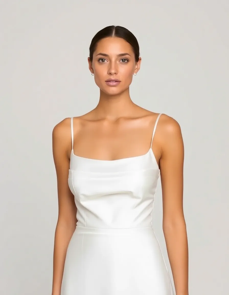 A bride in a silk gown with a square neckline and thin straps, standing against a neutral backdrop. The neckline highlights her collarbones, and the fabric drapes effortlessly over her frame.