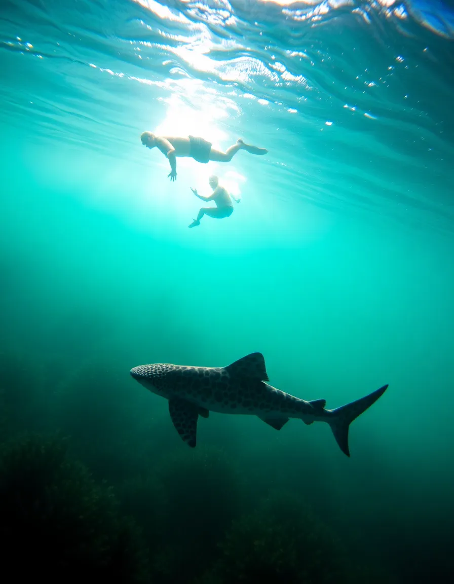 An underwater shot at La Jolla Cove, with sunlight piercing the turquoise water to illuminate a leopard shark gliding over the kelp forest. A snorkeler’s silhouette floats above, bubbles trailing behind them.