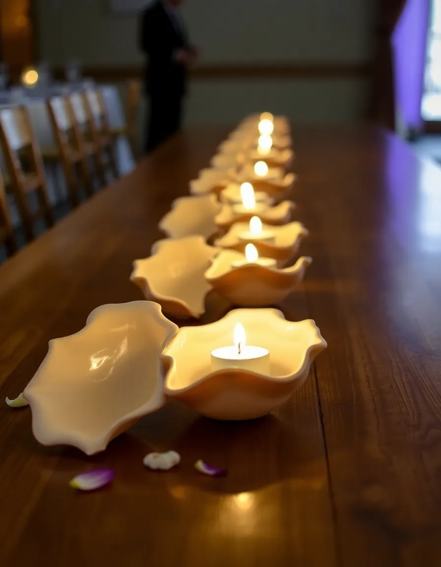 A row of large conch shells, each holding a flickering tea light, lining a wooden reception table. The candlelight reflects off the pearlescent interiors of the shells, casting a warm, golden glow. A few scattered petals and smaller shells complete the scene.