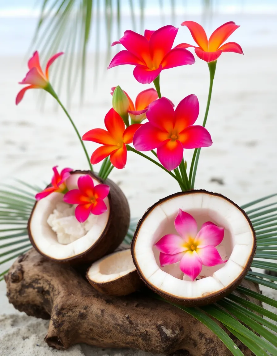 Halved coconuts serving as vases, filled with bright pink and orange tropical flowers. They sit on a driftwood slab surrounded by a few palm fronds, with the beach visible in the soft background blur.