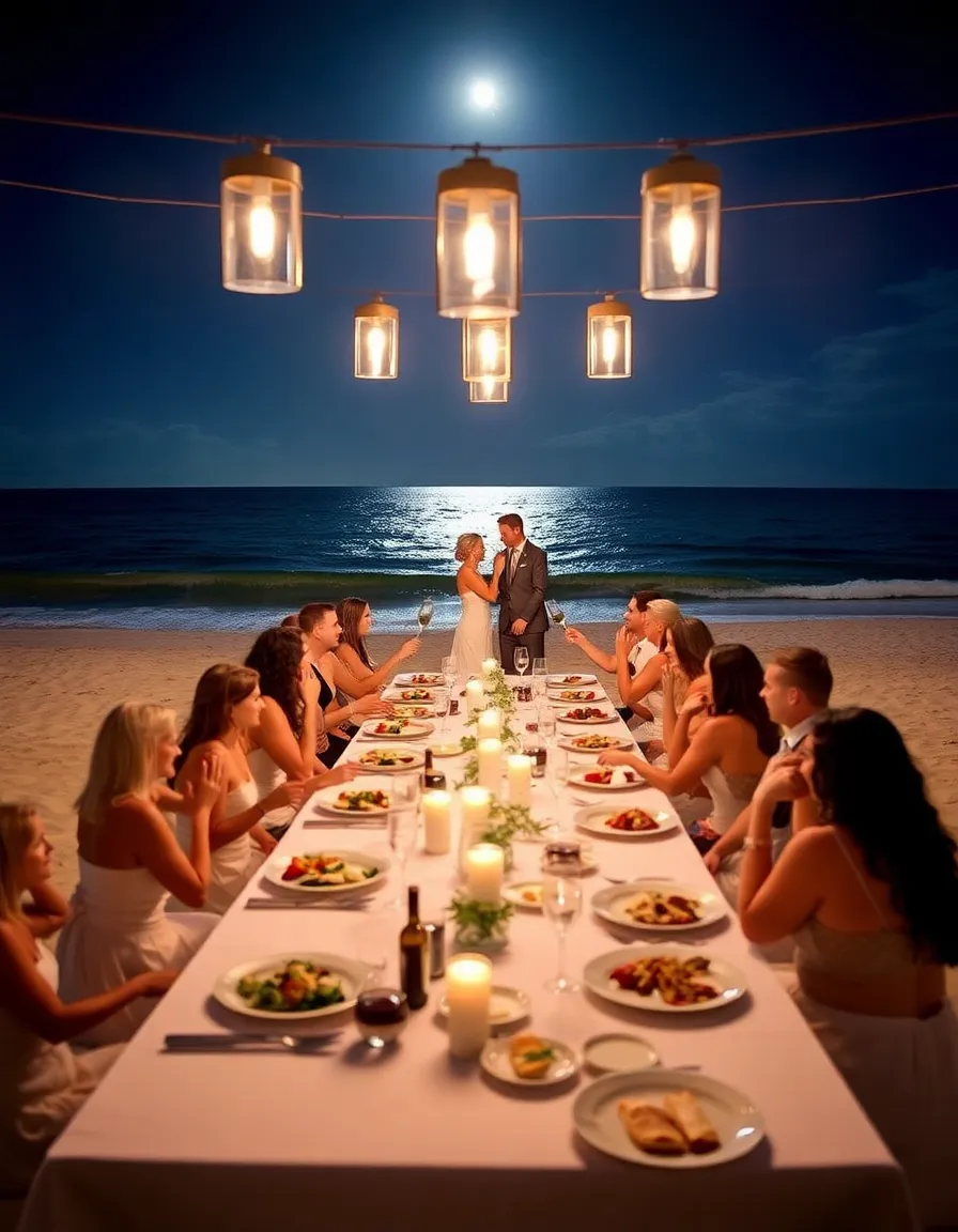 A private beachfront dinner at Grand Velas, with a long table set under hanging lanterns. The bride and groom toast with champagne while their guests enjoy a multi-course meal. The ocean glows under moonlight.
