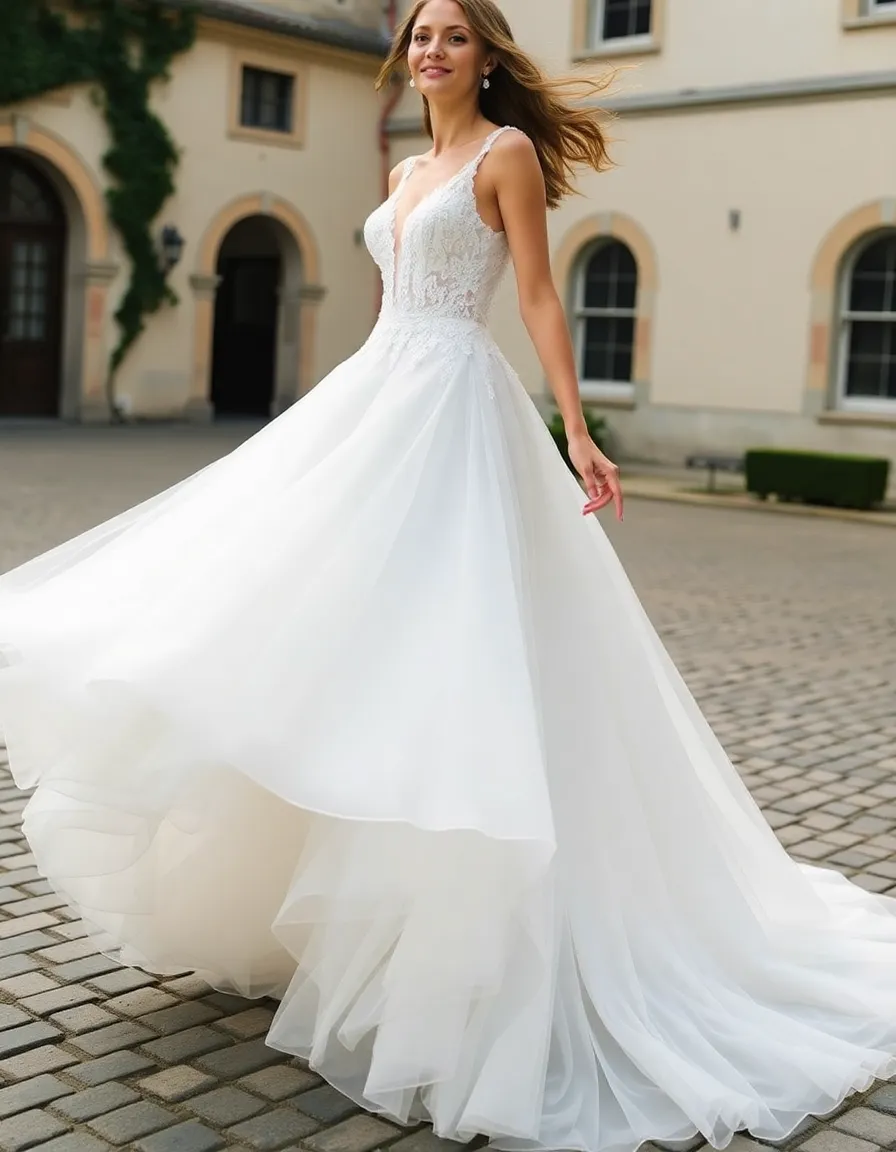 A bride in a high-low wedding gown with a fitted lace bodice and a tulle skirt that cascades into a dramatic train. She’s mid-spin on a cobblestone courtyard, her hair flying around her.